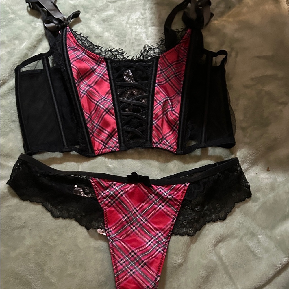 Victoria's Secret Red and Black Plaid Lace Corset Set